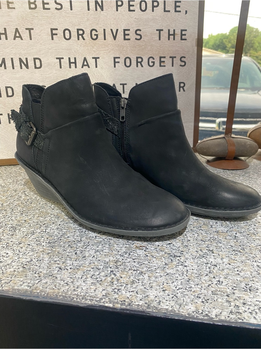 OTBT Black Leather Wedge Ankle Booties with Side Zip